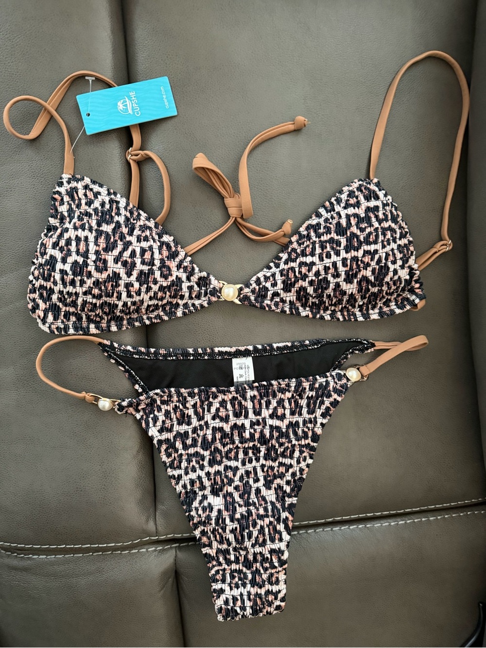 Cupshe Tan & Black Smocked Leopard-Print Triangle Bikini with Gold Accents, very